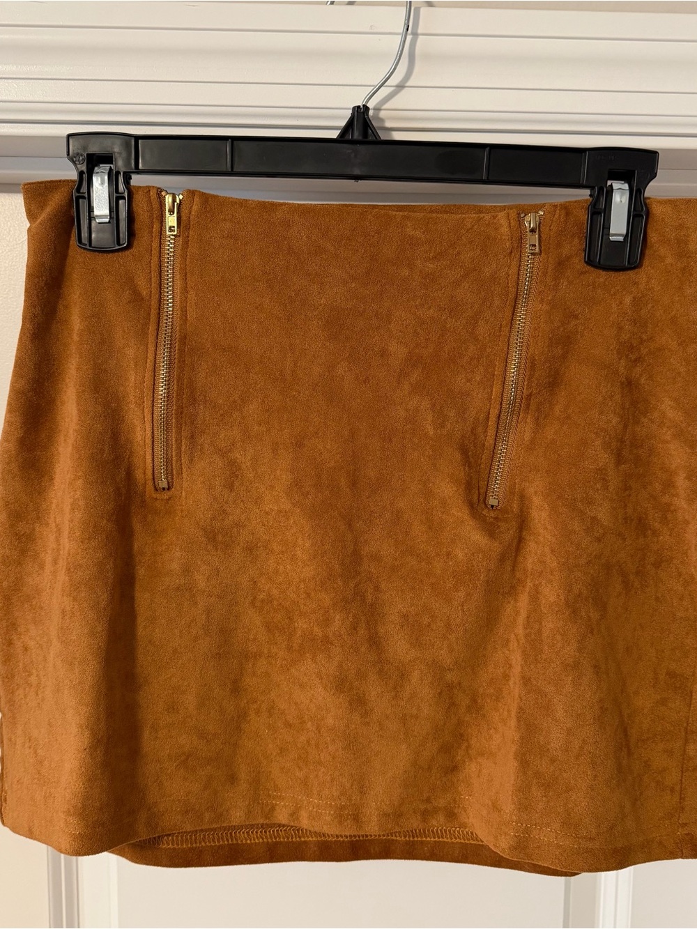 Suede Faux-Leather Mini Skirt with Front Zippers - Rust Brown